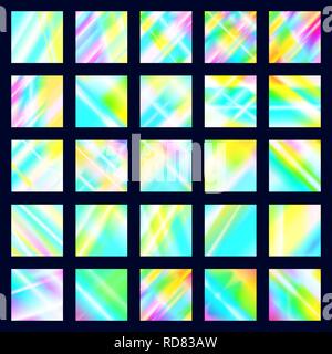 Satz von schillernden disco Texturen. Holographische Prisma Hintergründe. Rainbow glow Lichtreflexe Streuung und Reflektion im Glas Stock Vektor