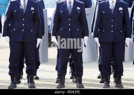 Japanische Polizisten stehen in einer Reihe, Aufmerksamkeit Stockfoto