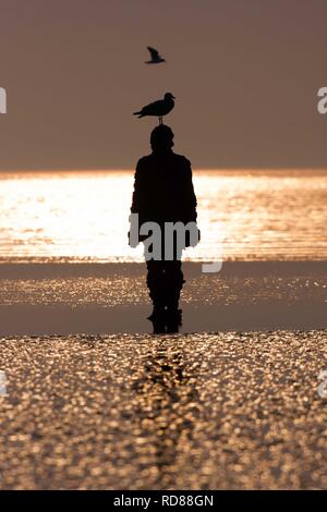 Sir Antony Gormley sculpted Abbildung silouhetted mit Flügeltüren bei Sonnenuntergang, einen anderen Ort. Stockfoto