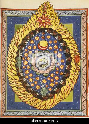 Gott, Kosmos und Mensch. Miniatur aus Liber Scivias von Hildegard von Bingen. Museum: Eibingen Abtei. Autor: anonym. Stockfoto