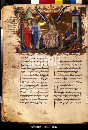 Heilige Frauen an Christi Grab (Manuskriptillumination aus dem Matenadaran Evangelium). Museum: Mesrop Mashtots Institut für alte Handschriften (Matenadaran), Jerewan. Autor: Meister des Codex Matenadaran. Stockfoto