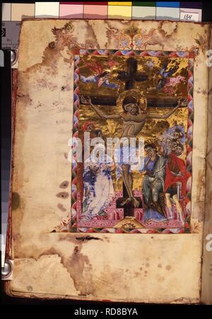 Die Kreuzigung (Manuskriptillumination aus dem Matenadaran Evangelium). Museum: Mesrop Mashtots Institut für alte Handschriften (Matenadaran), Jerewan. Autor: Meister des Codex Matenadaran. Stockfoto