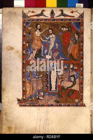 Die Taufe Christi. Die Auferweckung des Lazarus (Manuskriptillumination aus dem Matenadaran Evangelium). Museum: Mesrop Mashtots Institut für alte Handschriften (Matenadaran), Jerewan. Autor: Meister des Codex Matenadaran. Stockfoto