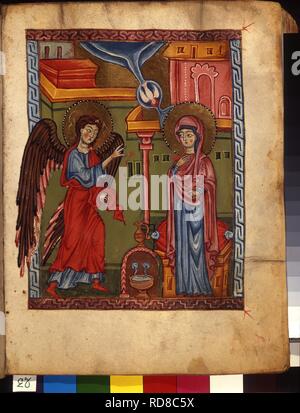 Die Verkündigung (Manuskriptillumination aus dem Matenadaran Evangelium). Museum: Mesrop Mashtots Institut für alte Handschriften (Matenadaran), Jerewan. Autor: Meister des Codex Matenadaran. Stockfoto