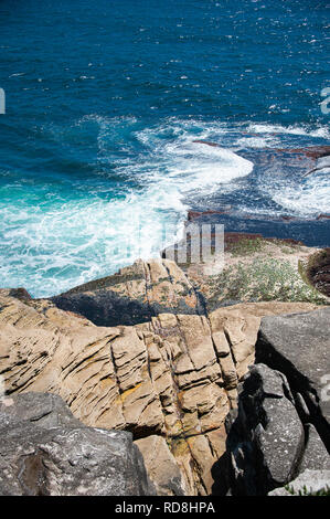 Küsten Szene, Sydney, New South Wales, Australien. Bunte Klippen Kontrast mit Surfen und das türkisfarbene Meer Stockfoto