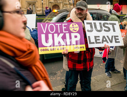 Medien und die Demonstranten auf College Green gegenüber Westminster am Tag der Theresa's Kann brexit plan Niederlage Stockfoto