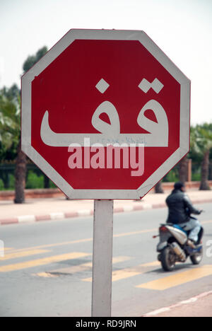 Mann auf einem Moped- und STOP-Schild mit Arabisch schreiben, Marrakesch, Marokko, Afice Stockfoto