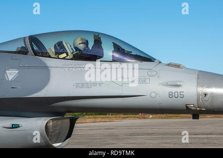 Us-Luftwaffe Kapitän Jakob Impellizzeri, der Pacific Air Kräfte' F-16 Fighting Falcon Demonstration Team Commander, wirft die "Holz" Hand Signal vor einer Demonstration Flug während der Familie Tag an Tsuiki Air Base, Japan, November 24, 2018. Die PACAF F-16 Demo Team, Misawa Air Base, Japan, fördert positive Beziehungen zwischen den Vereinigten Staaten und Nationen in der gesamten indopazifischen Region. (U.S. Air Force Foto von Airman 1st Class Xiomara M. Martinez) Stockfoto