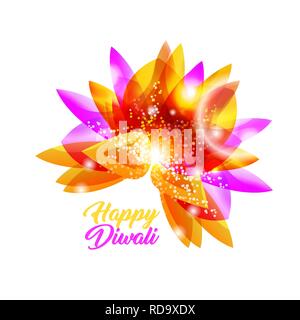 Happy Diwali indischer Vektor Blume. Pink, Gelb und Orange glänzend Gradienten. Isolierte Design Element mit Lichtern und Blütenblätter Stock Vektor