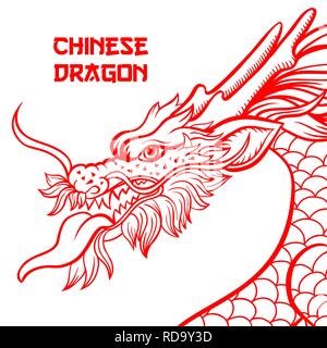 Chinesischer Drache Hand gezeichnet Vector Illustration. Fabelwesen Kugelschreiber Skizze. Rot und Weiß Clipart. Schlange Freihandzeichnen. Isolierte monochrome mythic Design Element. Chinesisches neues Jahr Poster Stock Vektor