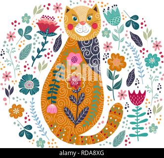 Kunst Vektor bunte Illustration mit süße Katze und Blumen auf einem weißen Hintergrund. Stock Vektor