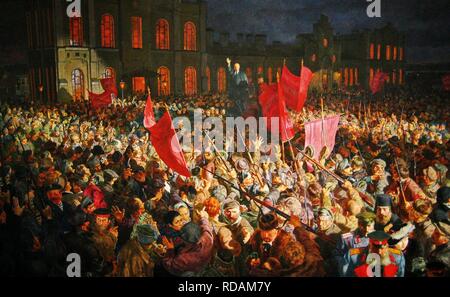 Lenins Ankunft am Bahnhof Finnland in Petrograd am 16. April 1917. Museum: Staatliches Museum der politischen Geschichte Russlands, St. Petersburg. Autor: ANONYM. Stockfoto