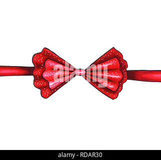 Bug Hand gezeichnet Raster Abbildung. Realistische red ribbon Knoten Zeichnung. Bowknot clipart. Cartoon Haar Zubehör. Isolierte Farbe Bow-tie. Geschenkverpackung. Banner, Poster, Grußkarten-design Element Stockfoto