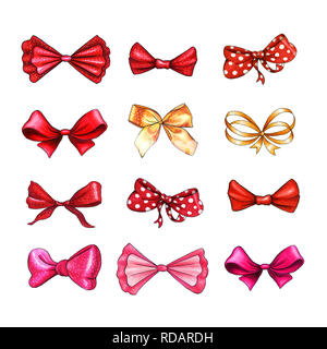 Bug Hand gezeichnet Raster Illustrationen. Realistische rot, golden, pink und lila Schleife Knoten Zeichnung. Bowknot Cliparts. Haarschmuck. Isolierte Farbe Bow-tie. Banner, Greeting Card Design Element Stockfoto