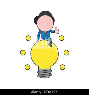 Vector Illustration Geschäftsmann Charakter sitzen auf glühenden Lampensymbol und Daumen hoch. Farbe und schwarzen Umrissen. Stock Vektor
