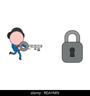 Vector Illustration Geschäftsmann Charakter läuft und dabei Taste Vorhängeschloss zu entsperren. Farbe und schwarzen Umrissen. Stock Vektor