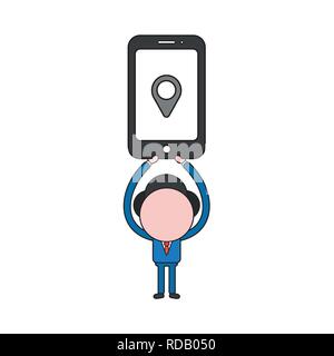 Vector Illustration Geschäftsmann Charakter halten, Smartphone mit kartenzeiger Symbol. Farbe und schwarzen Umrissen. Stock Vektor