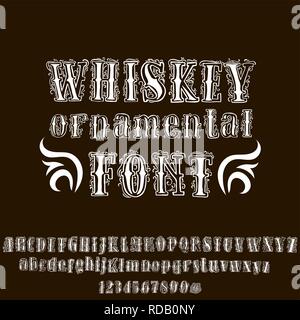 Zierpflanzen whiskey Font. Hand Buchstaben und Zahlen im Vintage Stil gezeichnet. Vector Illustration. Stock Vektor