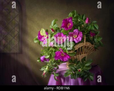 Stillleben mit Blumenstrauß aus rosa Wildrosen Stockfoto