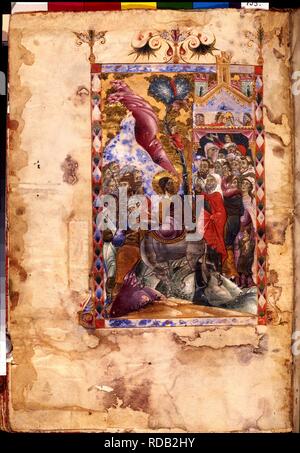 Der Einzug Christi in Jerusalem (Manuskriptillumination aus dem Matenadaran Evangelium). Museum: Mesrop Mashtots Institut für alte Handschriften (Matenadaran), Jerewan. Autor: Meister des Codex Matenadaran. Stockfoto