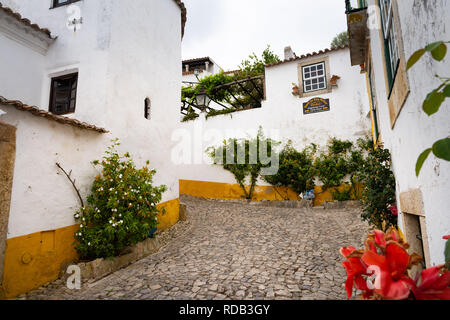 Eine steigende gepflasterten Gasse in Obidos in Portugal Stockfoto