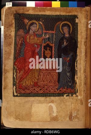 Die Verkündigung (Manuskriptillumination aus dem Matenadaran Evangelium). Museum: Mesrop Mashtots Institut für alte Handschriften (Matenadaran), Jerewan. Autor: Meister des Codex Matenadaran. Stockfoto