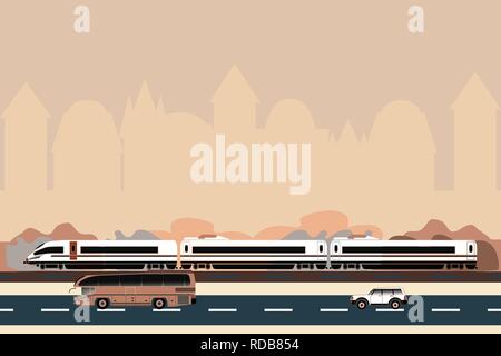 Vector Illustration der verschiedenen Arten des öffentlichen Personenverkehrs auf einer Stadt Silhouette Hintergrund. Bahn, Bus, Auto Fahrt auf der Straße. Konzept für in Stock Vektor