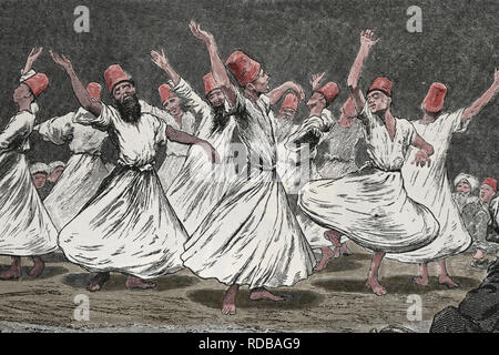 Derwische tanzen. Gravur. 19. Die Türkei. Stockfoto