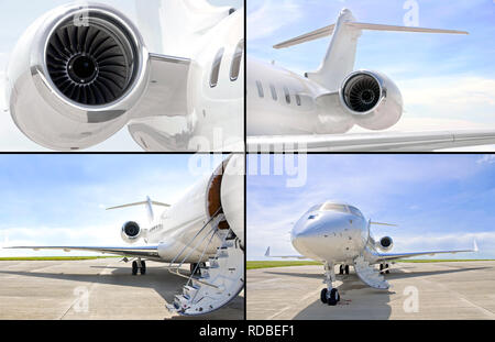 Sammlung von vier Fotos von Luxury Private Jet Stockfoto