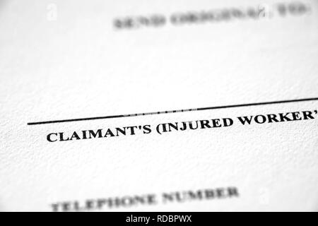 Worker's compensation Form Beschwerde für verletzte Arbeiter Stockfoto