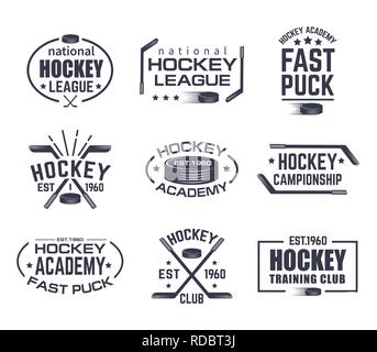 Eingestellt von isolierten Hockey logo mit Stick und Puck Stock Vektor