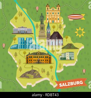 Reisen Karte mit Sehenswürdigkeiten von Salzburg. Stock Vektor