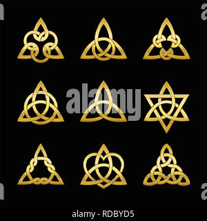 Keltisches Dreieck Knoten. Neun goldenen Symbole für Dekoration oder goldene Anhänger verwendet. Sorten von endlosen Korb-webart Knoten. Stockfoto
