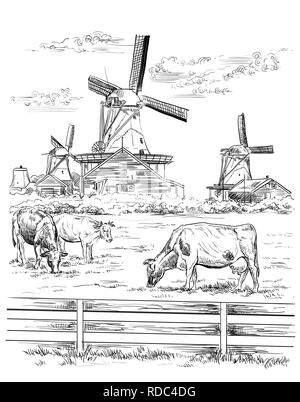 Vektor hand Zeichnung Abbildung: Wassermühle in Amsterdam (Niederlande, Holland). Wahrzeichen von Holland. Wassermühle und grasende Kühe auf der Wiese. Vect Stock Vektor