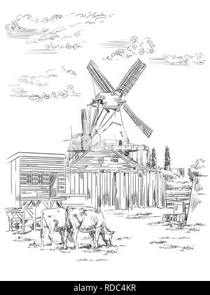 Vektor hand Zeichnung Abbildung: Wassermühle in Amsterdam (Niederlande, Holland). Wahrzeichen von Holland. Wassermühle und grasende Kühe auf der Wiese. Vect Stock Vektor