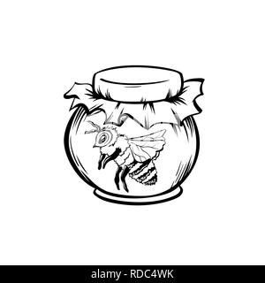 Honey Bee, Outline Logo Design. Isolierte Vektor. Schwarz graviert Element. Vintage Style Abbildung: Flying Wasp Stock Vektor