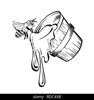 Honig Eimer und Biene, Outline Logo Design. Isolierte Vektor. Schwarz graviert Element. Vintage Style Abbildung: Flying Wasp und Honig tropfen Stock Vektor