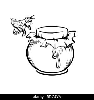 Honig und Bienen, Outline Logo Design. Isolierte Vektor. Schwarz graviert Element. Vintage Style Abbildung: Flying Wasp und Honig tropfen Stock Vektor