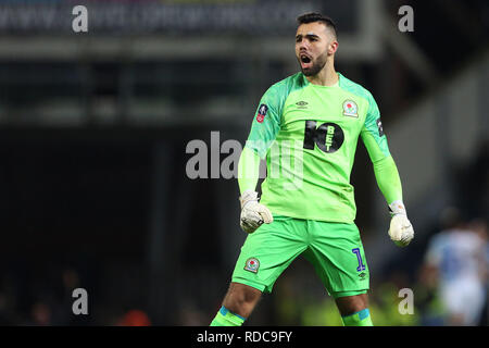 BLACKBURN, 15. Januar 2019. David Raya der Blackburn Rovers feiert nach Darragh Lenihan ihr zweites Tor während der FA Cup in die dritte Runde replay zwischen Blackburn Rovers und Newcastle United im Ewood Park, Blackburn am Dienstag, den 15. Januar 2019 (Foto: Mark Fletcher | MI Nachrichten & Sport | Alamy) Stockfoto