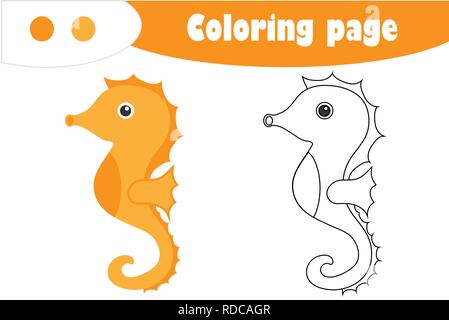Sea Horse im Comic-stil, Färbung, Bildung Papier Spiel für die Entwicklung der Kinder, Kinder im Vorschulalter Aktivität, bedruckbar Arbeitsblatt, Vektor Stock Vektor