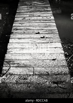 Das Waldland TX USA - 12/21/2018 - Alte hölzerne Brücke über Wasser in den Wäldern in B&W Stockfoto