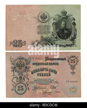 Vorderseite und Papier Banknote 25 Rubel 1909 mit einem Porträt des Kaisers Alexander 3 im zaristischen Russland verwendet rückwärts Stockfoto