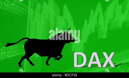 Der Deutsche Aktienindex DAX steigt. Hinter dem Wort Dax ist ein schwarzer Stier Silhouette mit Hörnern zu einem grünen aufsteigende Diagramm zeigen... Stockfoto