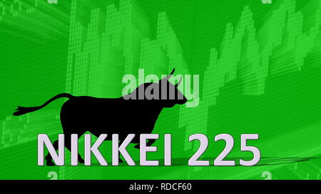 Der japanische Aktienindex Nikkei 225 steigt. Hinter dem Wort Nikkei 225 ist ein schwarzer Stier Silhouette mit Hörnern, die auf einem grünen Aufsteigend... Stockfoto