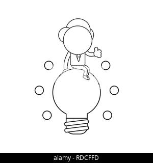 Vector Illustration Geschäftsmann Charakter sitzen auf glühenden Lampensymbol und Daumen hoch. Schwarzer outline. Stock Vektor