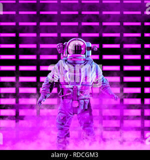 Die neon Astronaut/3D-Darstellung der science fiction Szene mit Astronaut im Raumanzug vor leuchtenden Neonröhren Stockfoto
