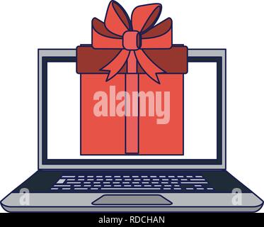 Laptop mit Gift box auf dem Bildschirm Stock Vektor