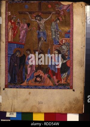 Die Kreuzigung (Manuskriptillumination aus dem Matenadaran Evangelium). Museum: Mesrop Mashtots Institut für alte Handschriften (Matenadaran), Jerewan. Autor: Meister des Codex Matenadaran. Stockfoto