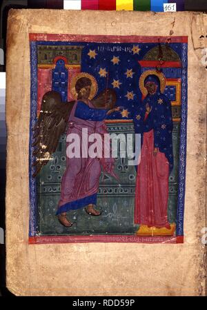 Die Verkündigung (Manuskriptillumination aus dem Matenadaran Evangelium). Museum: Mesrop Mashtots Institut für alte Handschriften (Matenadaran), Jerewan. Autor: Meister des Codex Matenadaran. Stockfoto