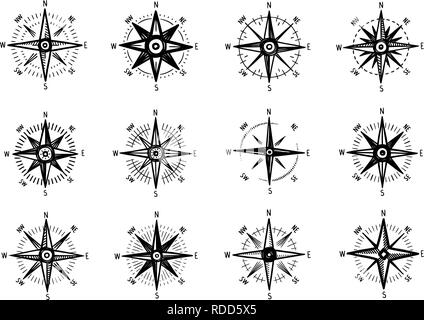 Kompass, Wind rose Symbol gesetzt. Marine Navigation Symbol. Skizze Vector Illustration Stock Vektor